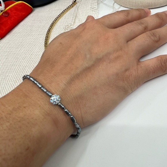 Vintage Hematite and Rhinestone Accented Bracelet – 8” - Picture 3 of 16